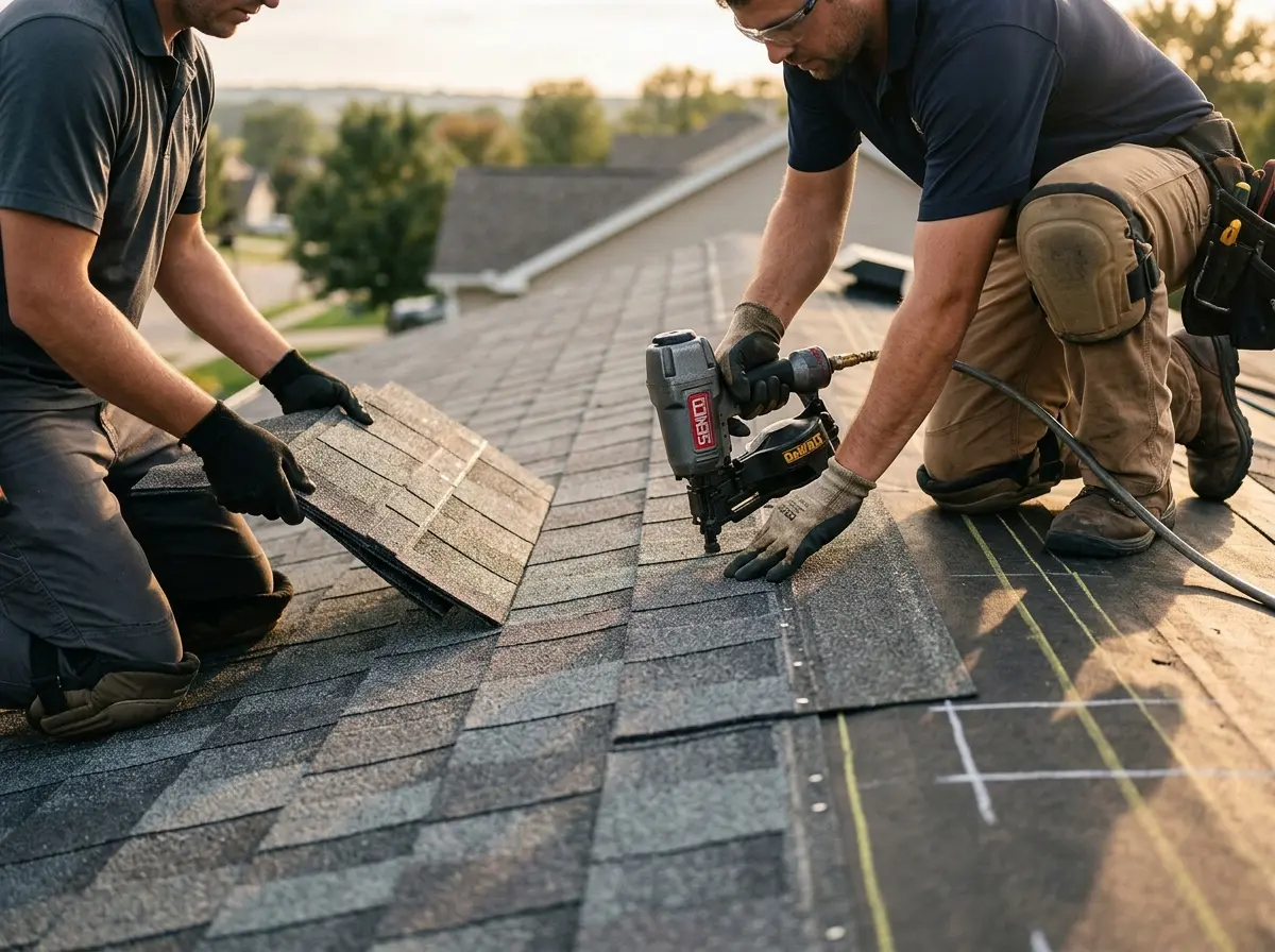 Professional roofer working on a residential roof in Oberlin